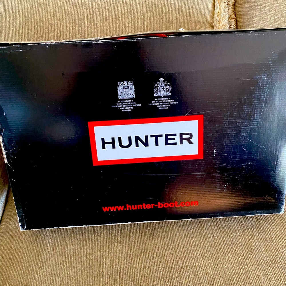 Tall gray Hunter boots with both black and blue liner. Worn once! Like new.